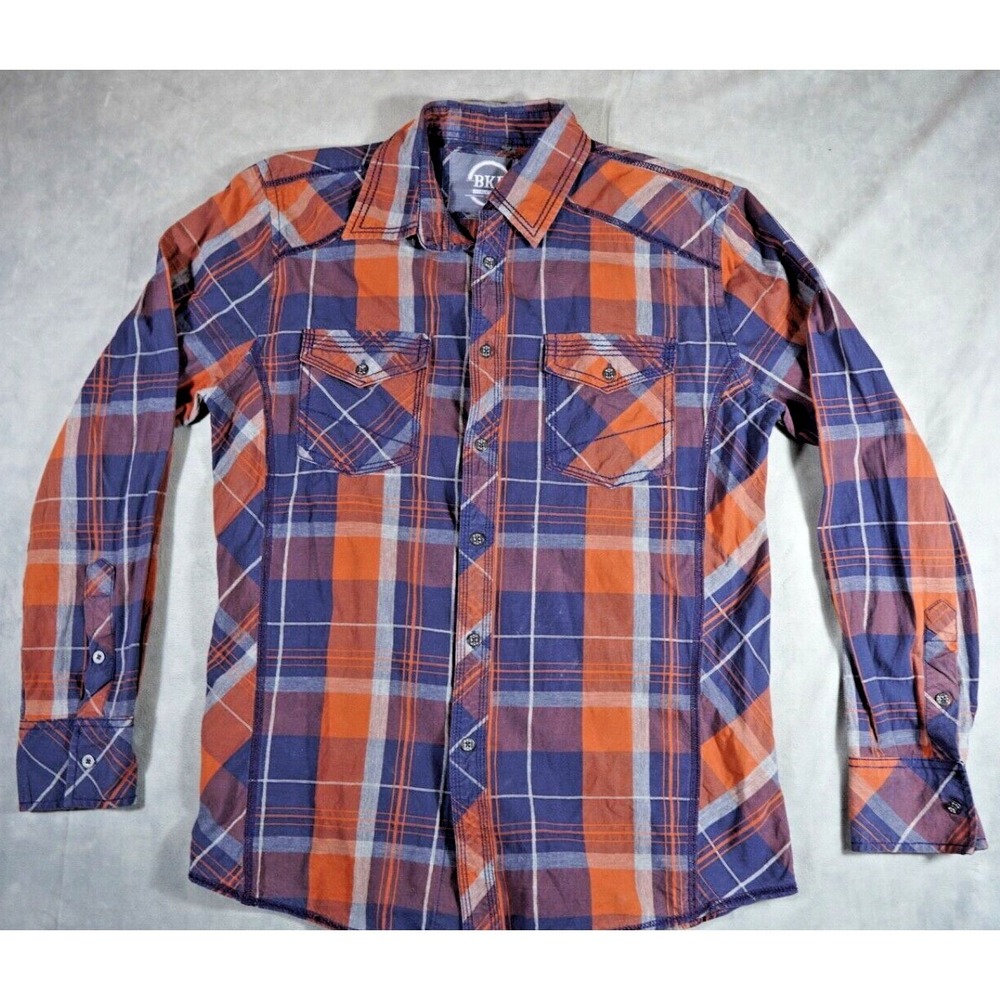BKE Mens Size Medium Long Sleeve Button Up Shirt Cotton Plaid Blue Orange
